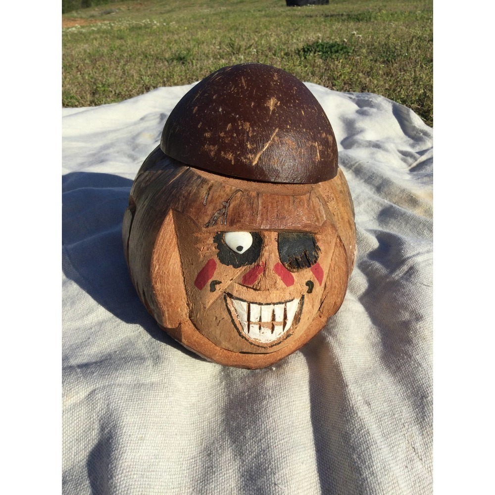 Tiki 6” carved coconut Hawaiian Philippines man resort beach house Tan tropical